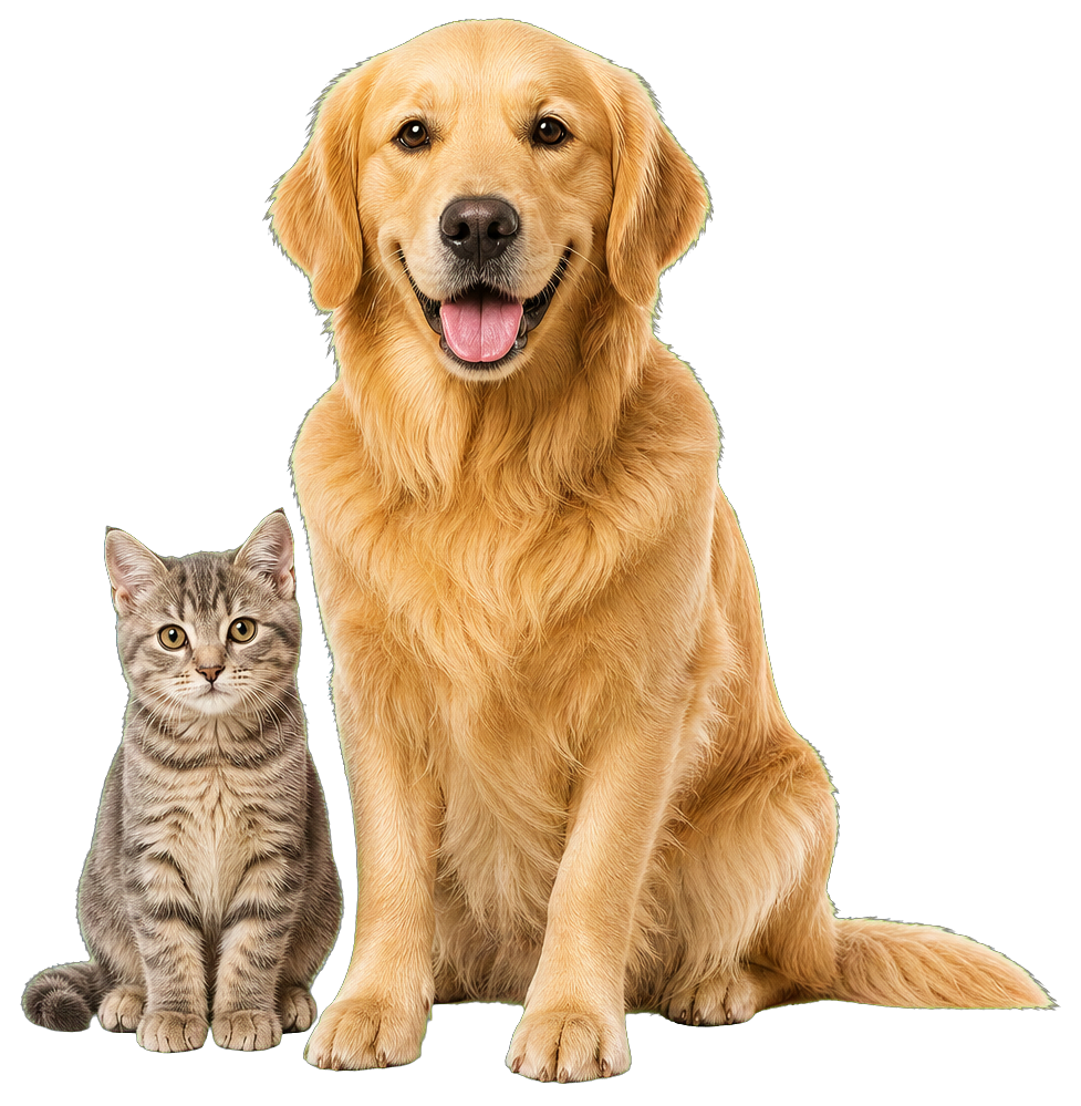 A happy golden retriever and tabby kitten