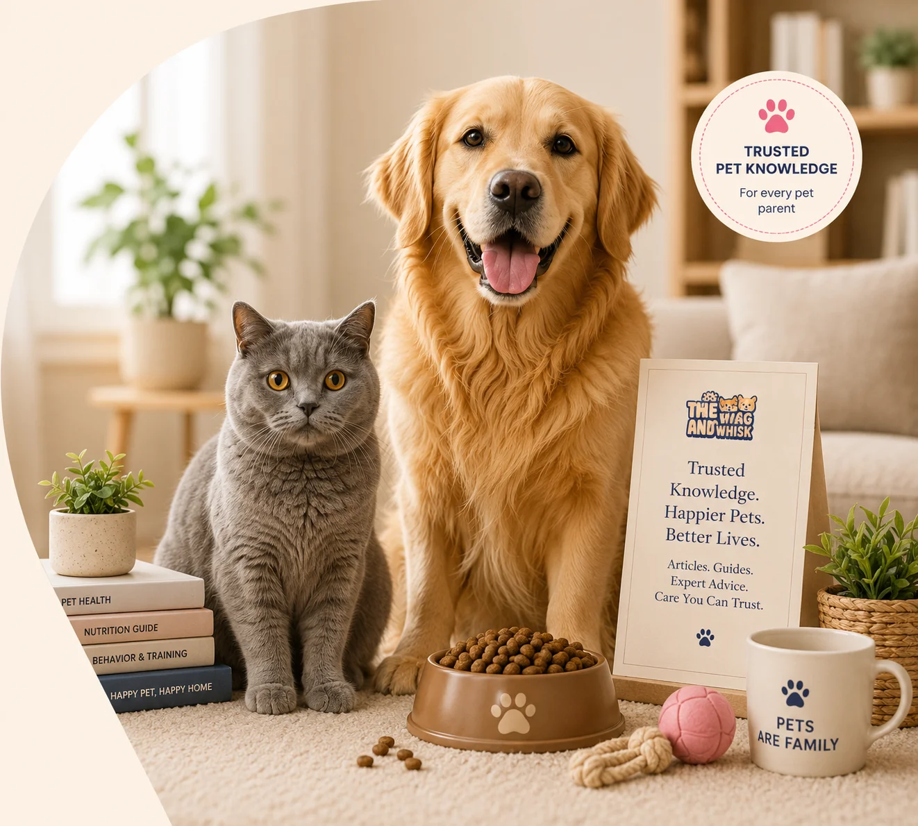 Happy golden retriever and cat with pet care essentials at home