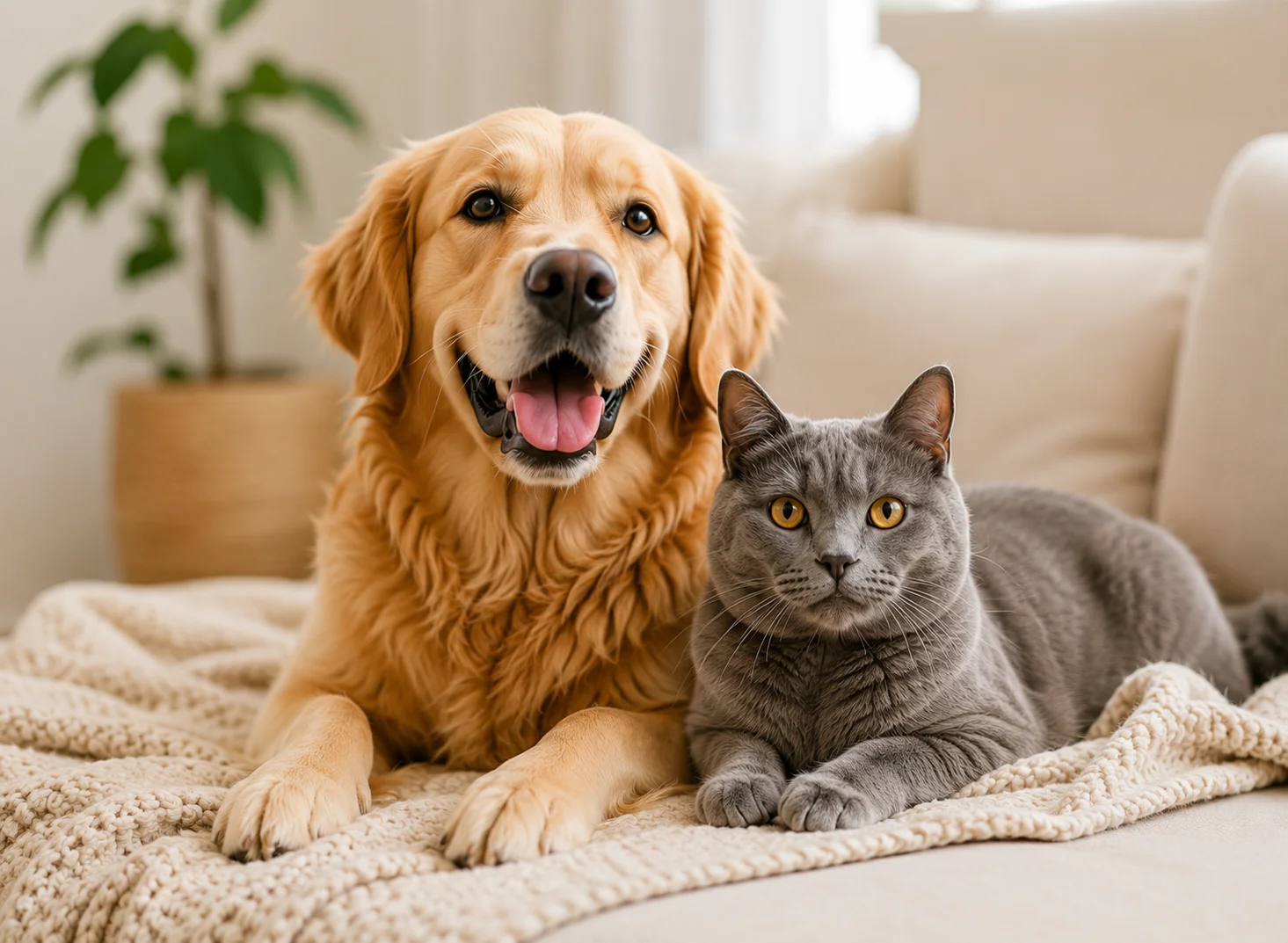 Golden retriever and cat at home