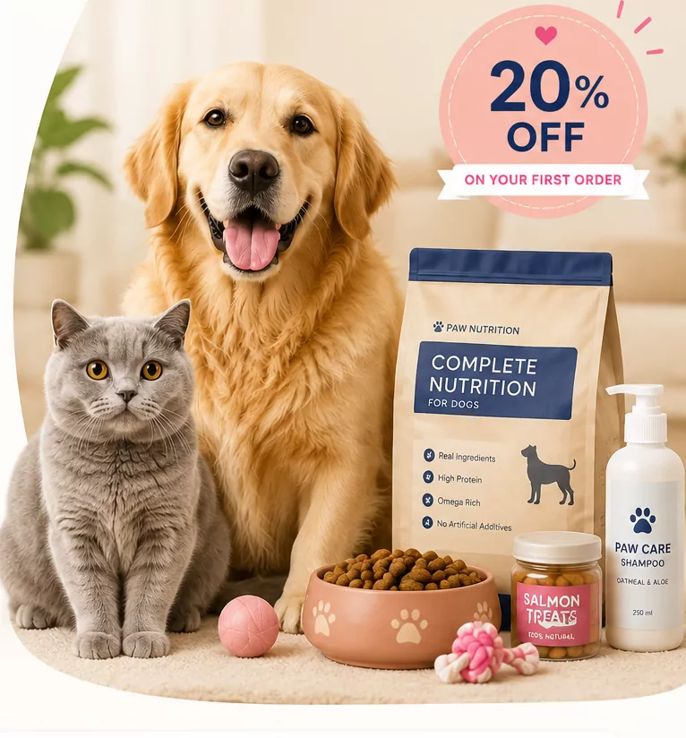 Happy golden retriever and cat with premium pet care products